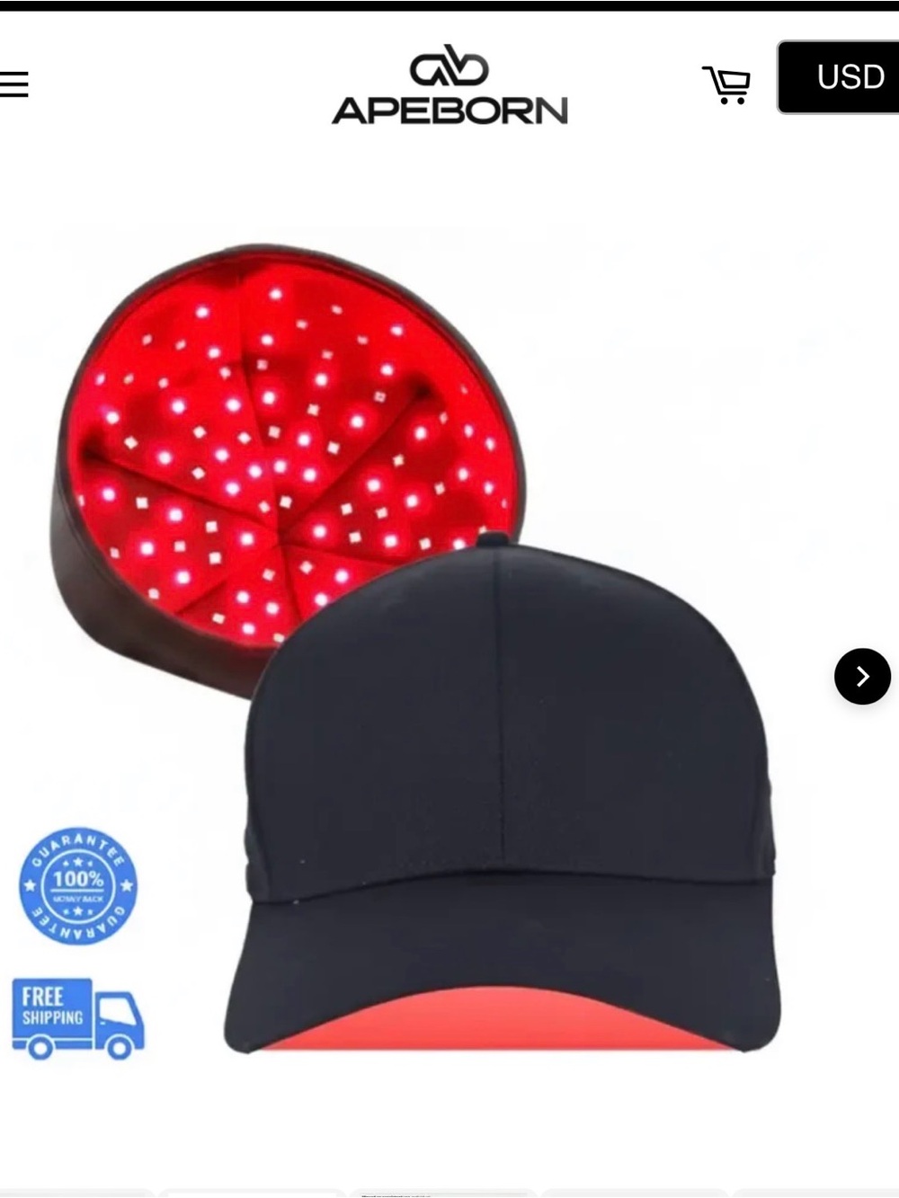 Apeborn Black LED Light Therapy Cap with Red LEDs men or women